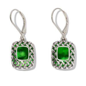 Recycled Vintage 1960's Green Beer Bottle Sterling Quilted Square Earrings